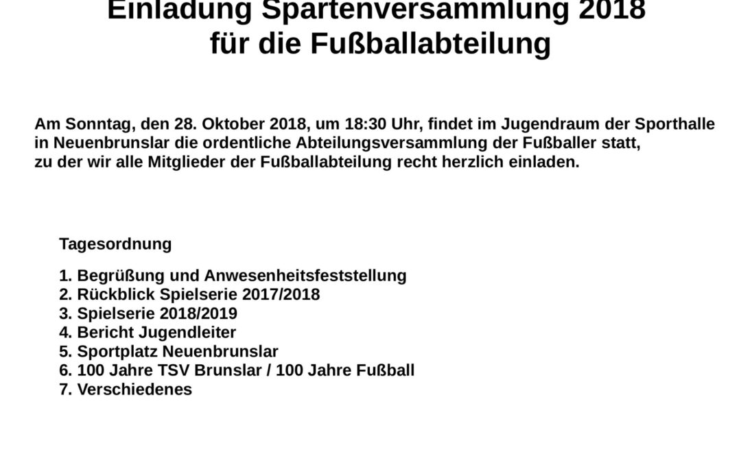 Fußballabteilung lädt zu Abt.-Versammlung am So.28. Oktober